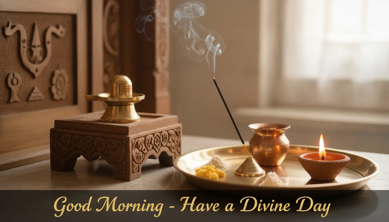 A traditional brass plate with puja items, sweets, and flowers next to a small domestic Shivling.