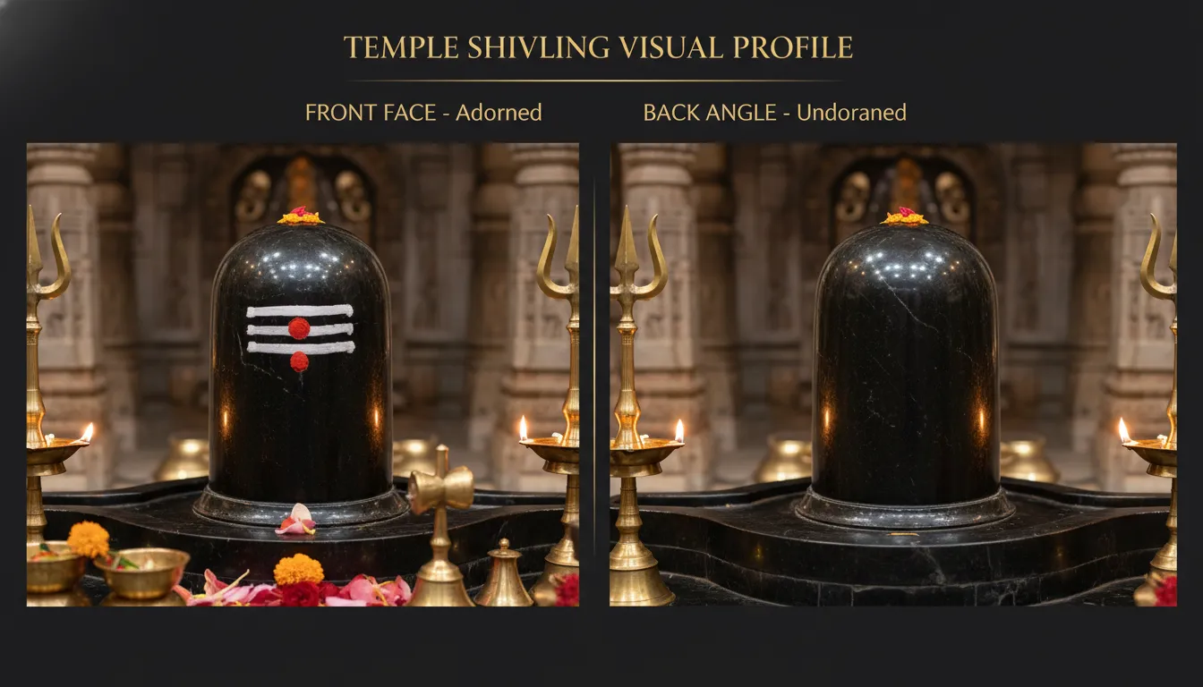Side-by-side comparative views of a temple shivling highlighting both the prominent front look and the serene back look.