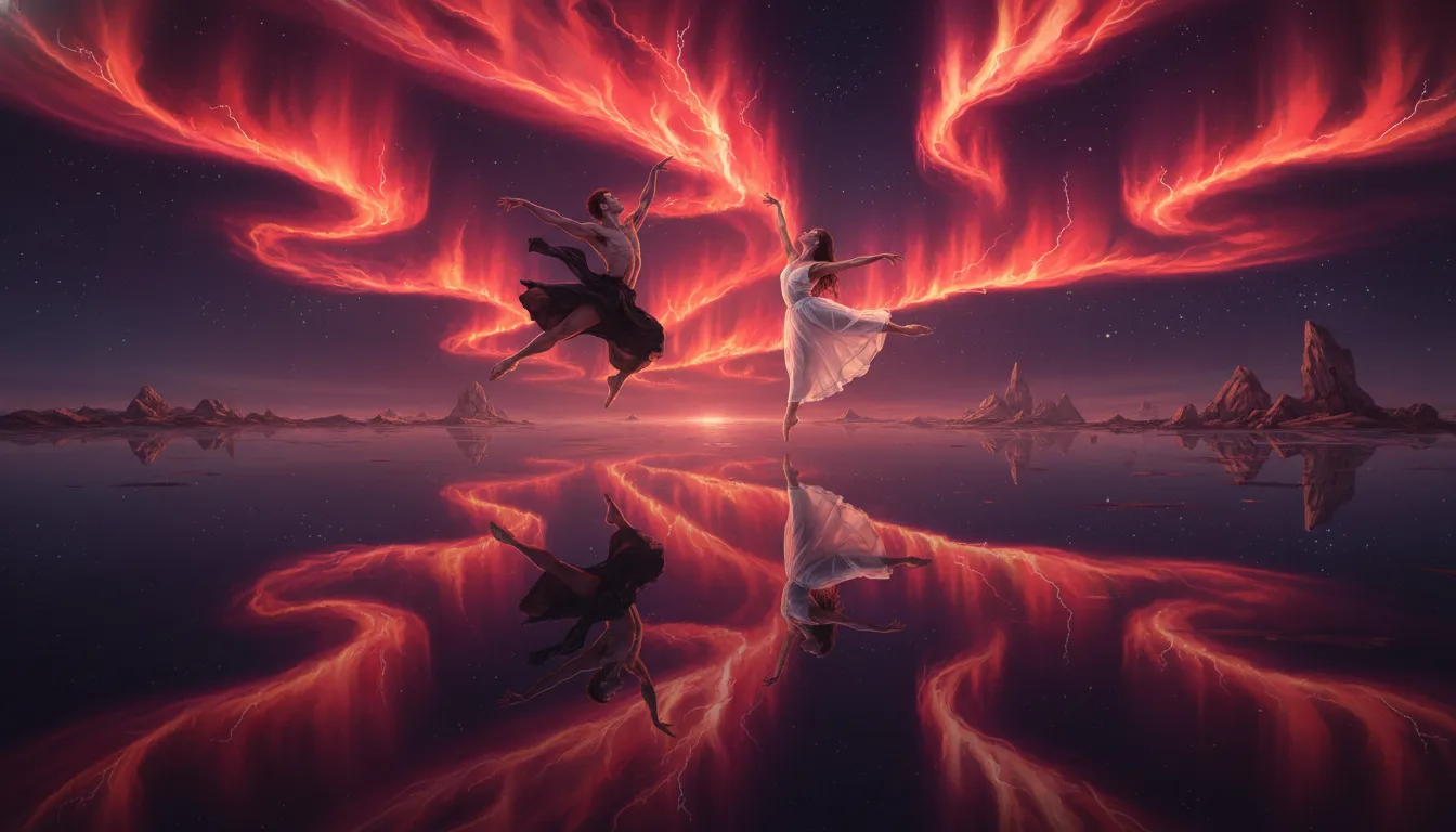 Modern dancers performing a contemporary routine beneath a fiery cosmic aurora.