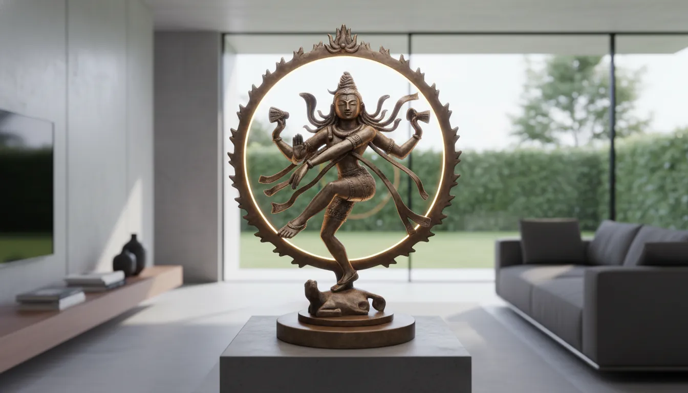 Modern contemporary fusion antique bronze dancing Shiva icon with clean sleek design lines
