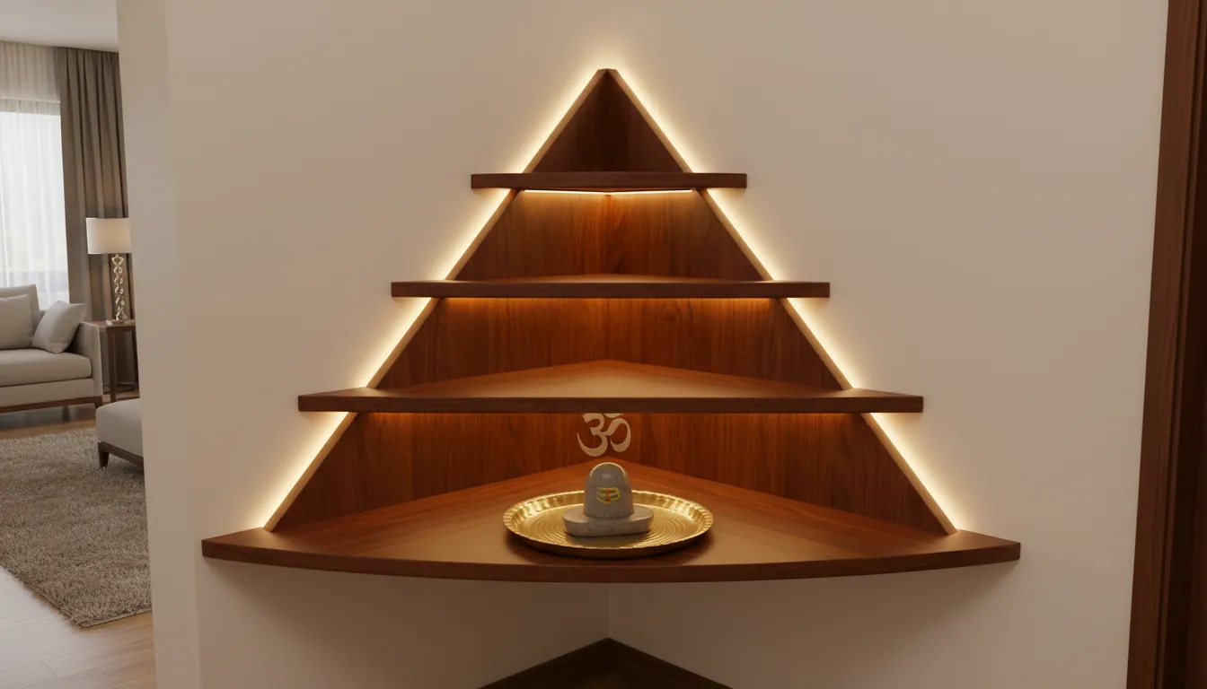 Compact corner wall-mounted mandir design featuring a natural stone Shivling.