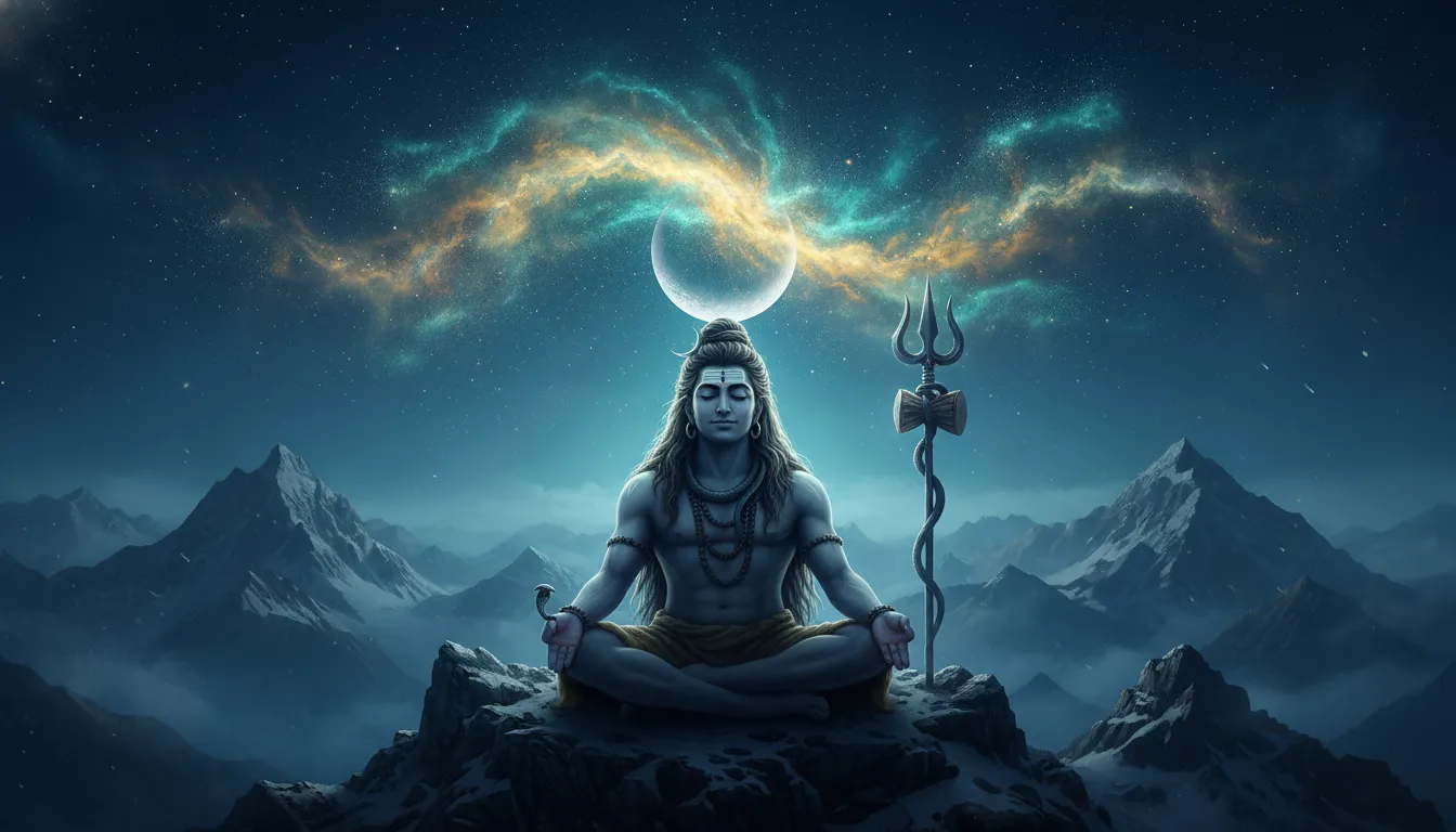 Adiyogi in deep meditation with a bright crescent moon shining over dark mountain ranges.