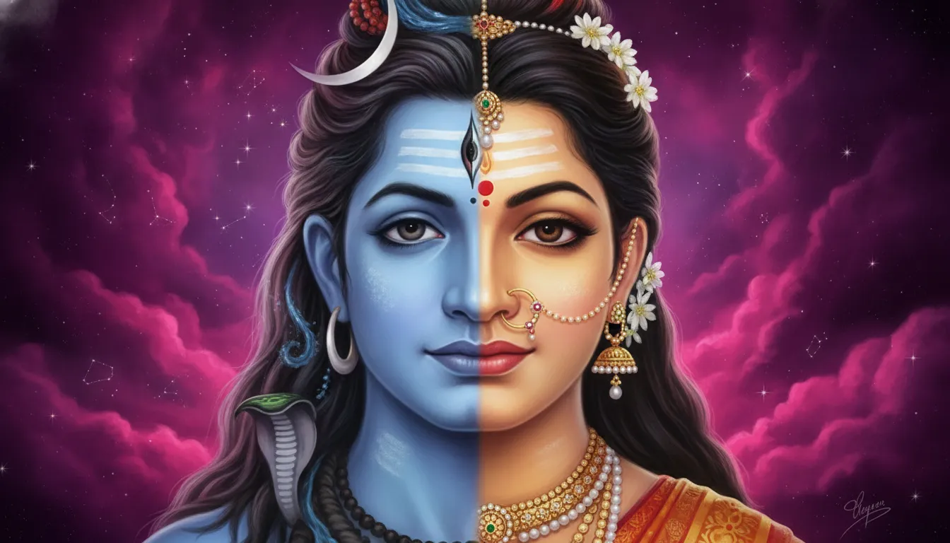 Half Shiva and half Parvati face with glowing cosmic nebula backdrop