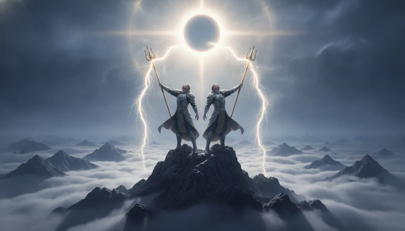 Two divine figures holding tridents looking up at a brilliant circular eclipse in a foggy mountain range.
