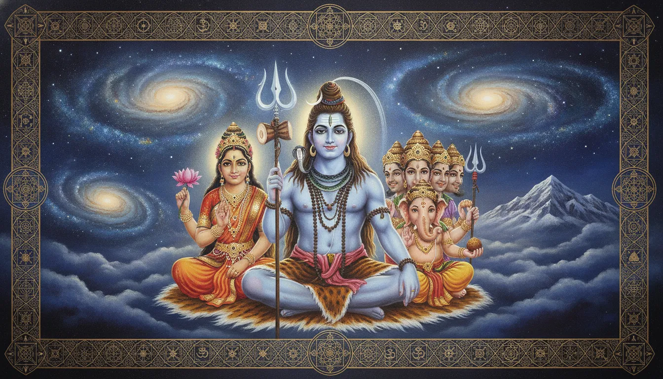 Intricate artwork of Shiva family with Mount Kailash and a starry cosmic background