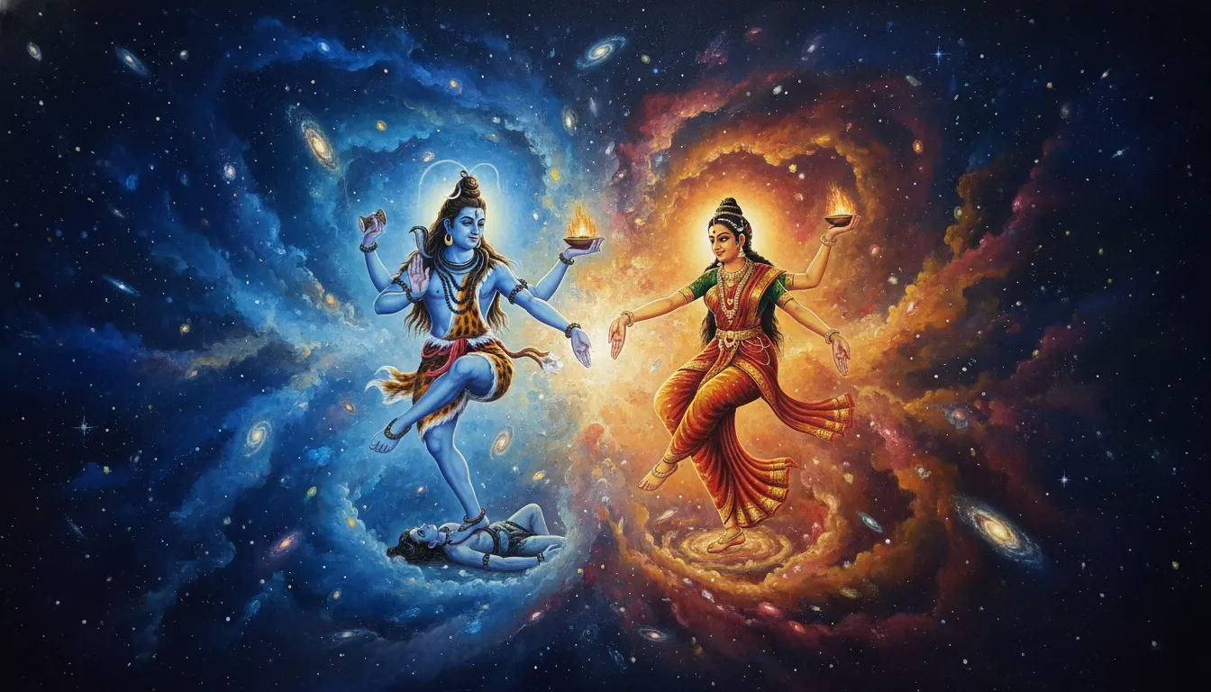 Lord Shiva and Goddess Parvati performing the harmonious cosmic dance of creation and destruction.