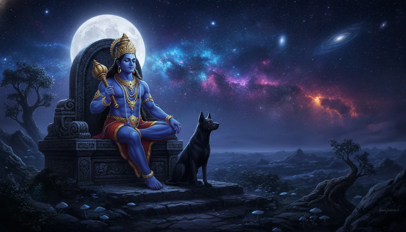 Lord Bhairava with a black dog under a vast starry night sky and full moon.