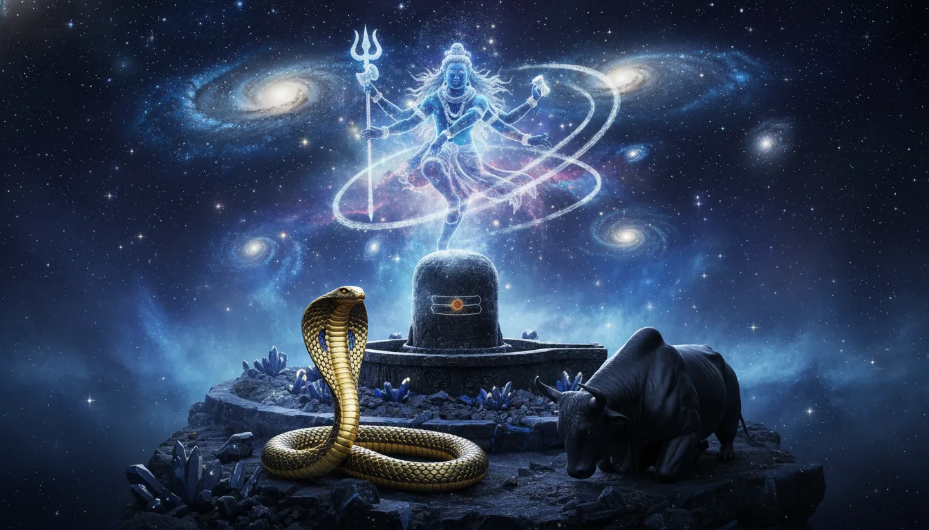 High definition 1080p wallpaper of cosmic Bholenath with Nandi bull and a powerful glowing Shivling in the universe.