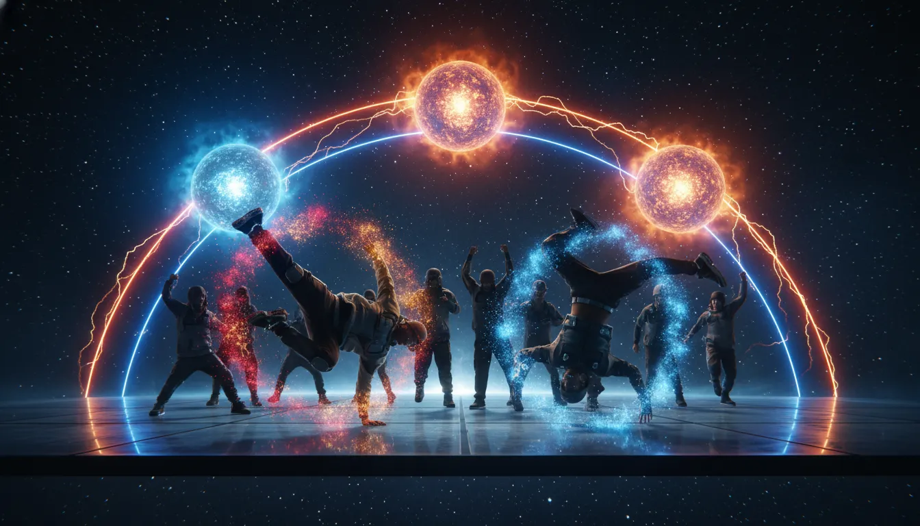 Street dancers performing powerful breakdance moves near the stars of Orion's Belt.