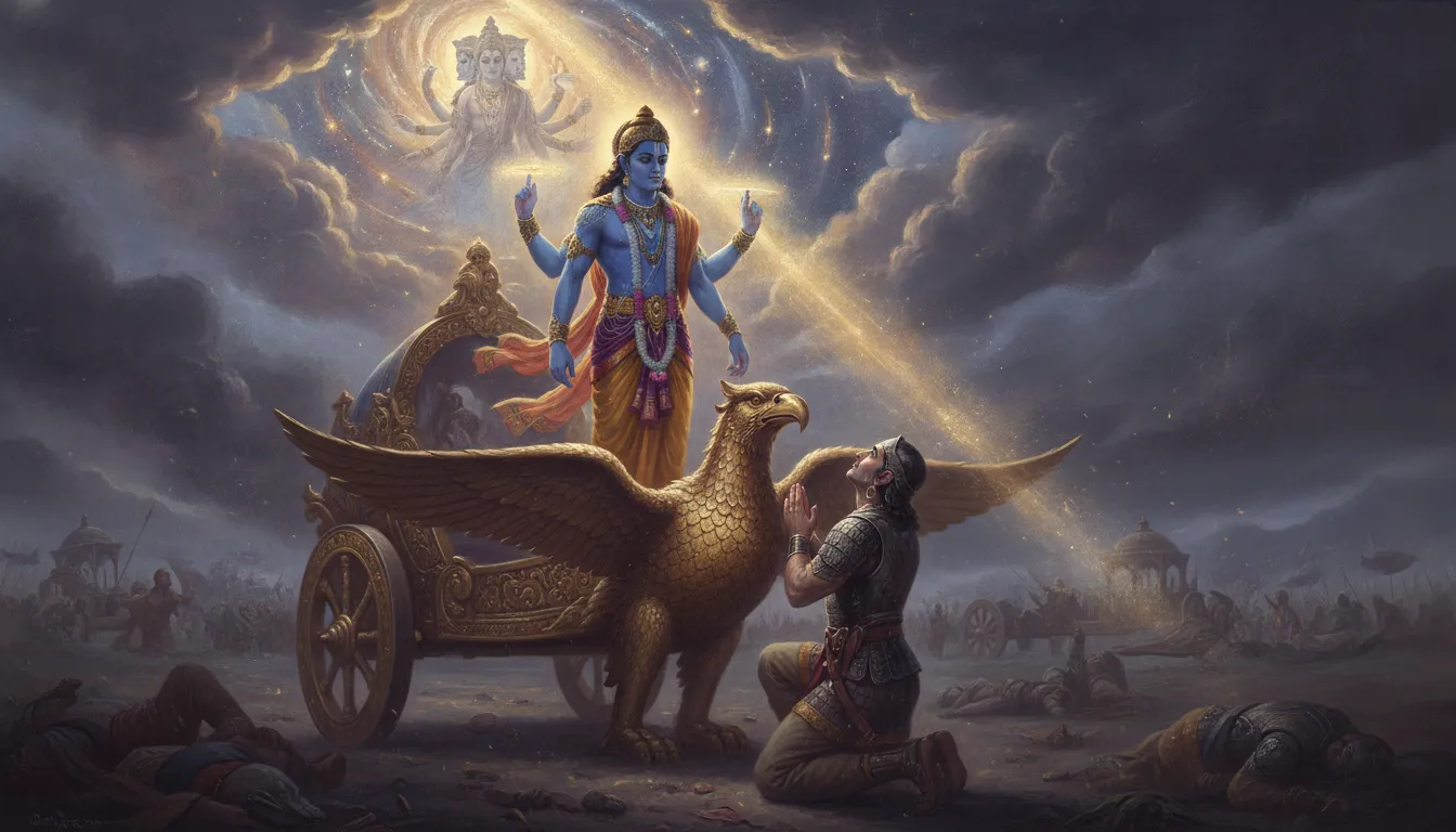 Divine guide on a celestial chariot showing a multi-armed cosmic form to a kneeling warrior during sunset.