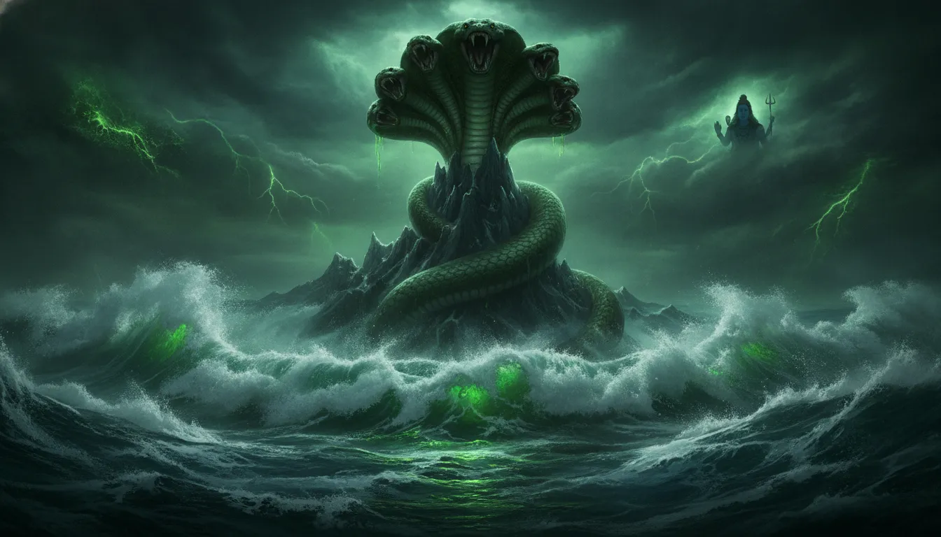 The Mount Mandara churning the ocean with the snake Vasuki as green poison emerges.