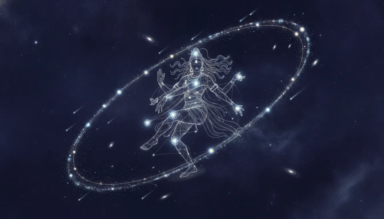 Star constellation style line art of dancing Nataraja connected by cosmic dots and astronomical lines.