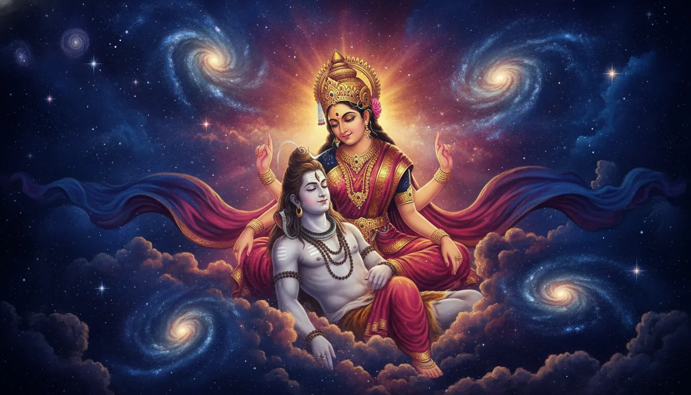 Parvati and resting Shiva surrounded by galaxies and cosmic nebulae
