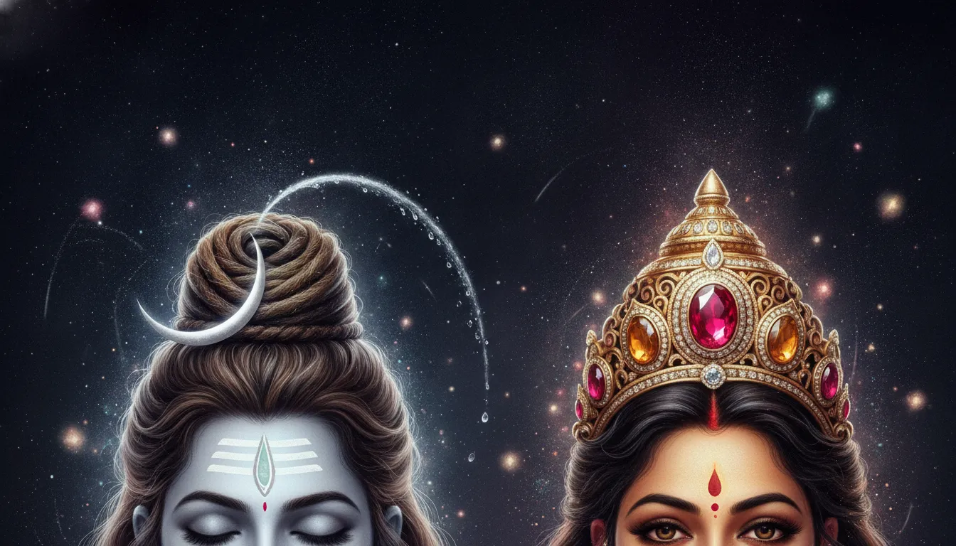 Split hair and crown of Shiva with crescent moon and Parvati with jeweled tiara among stars