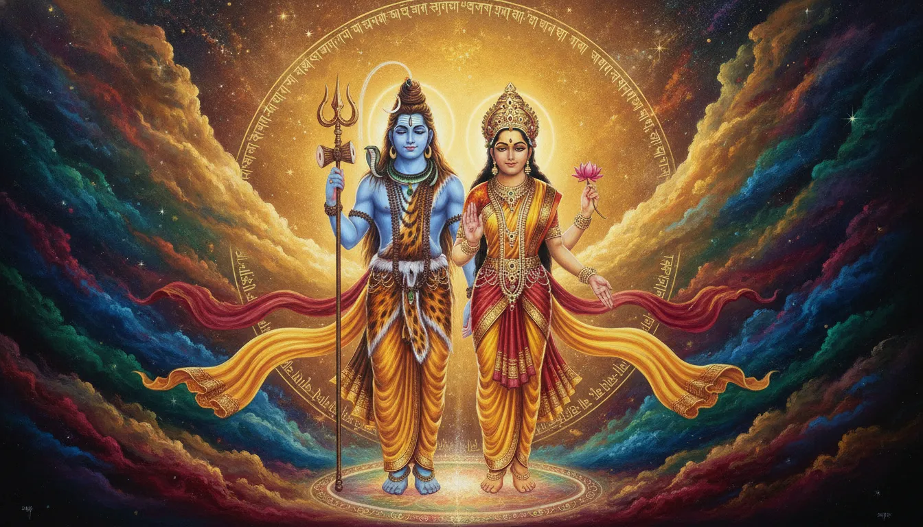 Artistic painting of Shiva and Parvati surrounded by swirling golden cosmic energy