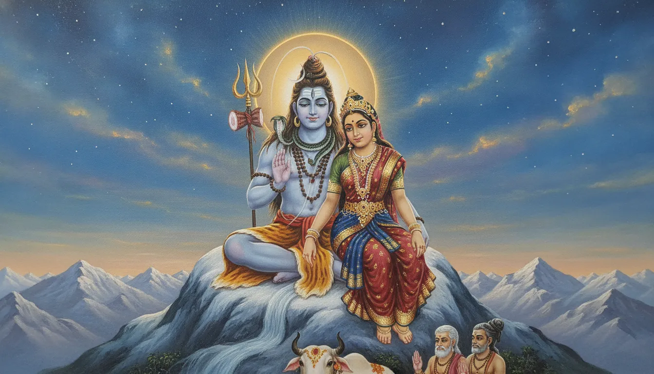 Traditional artwork of Shiva and Parvati with a cosmic mountain backdrop and golden halo
