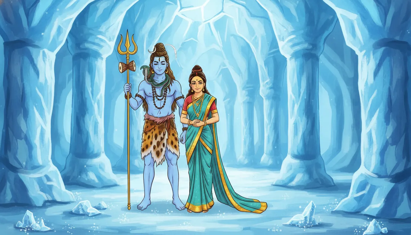 Animated character design of Shiva and Parvati standing together inside a large icy blue cave.
