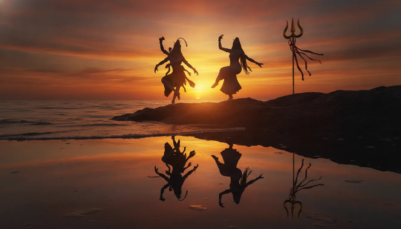 Shiva and Parvati cosmic dance silhouette reflected on ocean surface at sunset