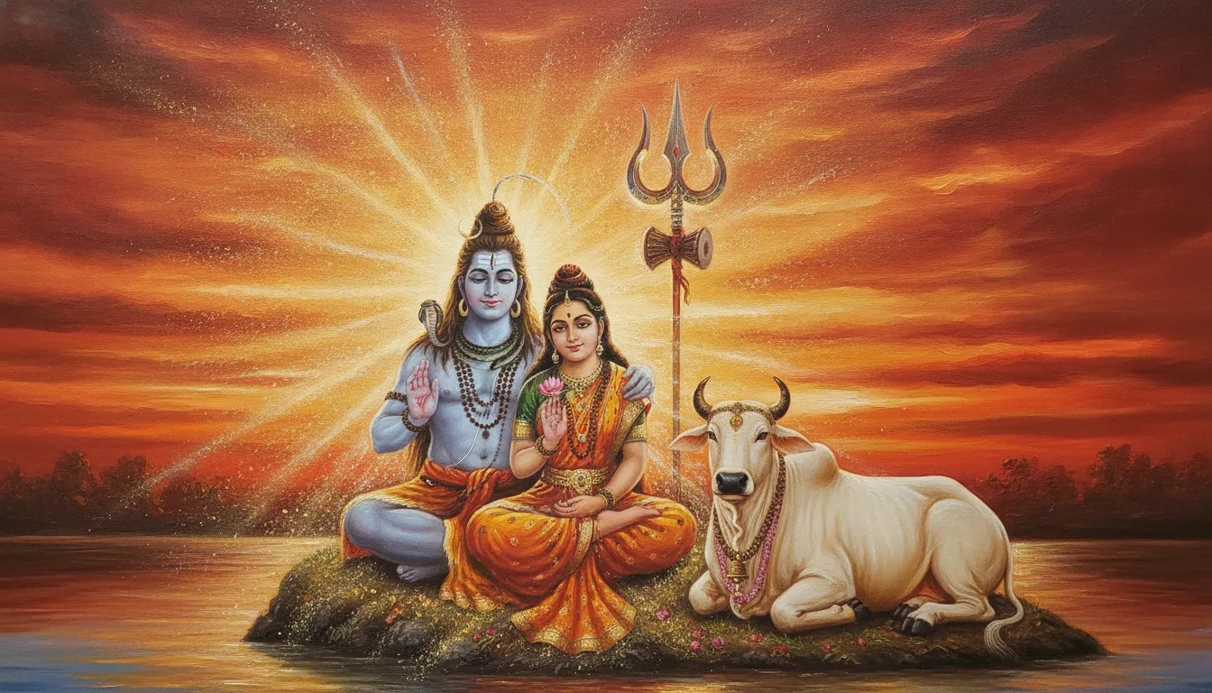 A fantasy digital art of a divine couple surrounded by a cosmic aura with a white bull and trident in the background.