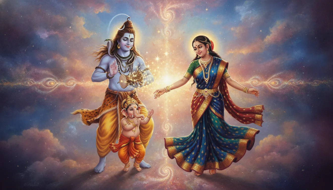 Vibrant artwork showing a joyful gathering of Shiva, Parvati, and Ganesha with subtle celestial stars.