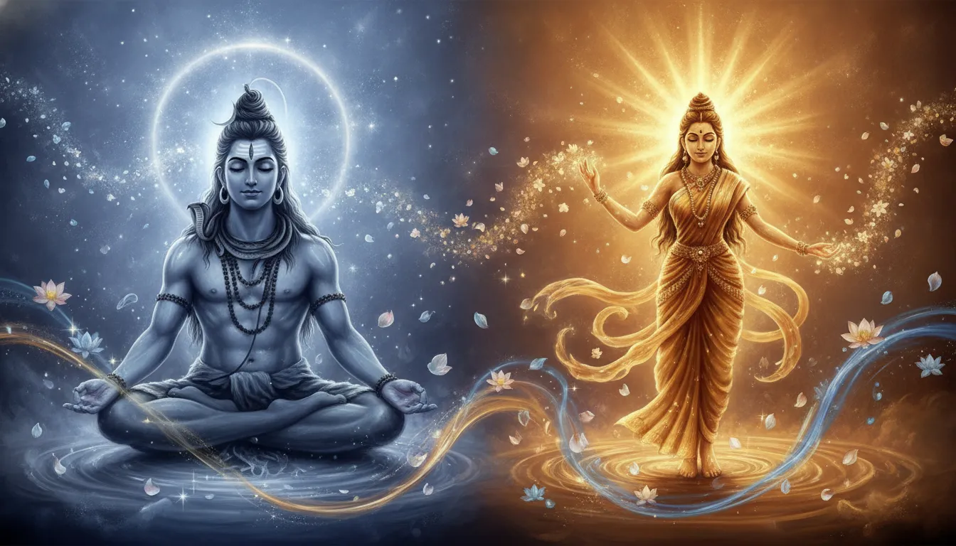 Artistic blend of Shiva meditating in silence and Parvati surrounded by cosmic flames and stars
