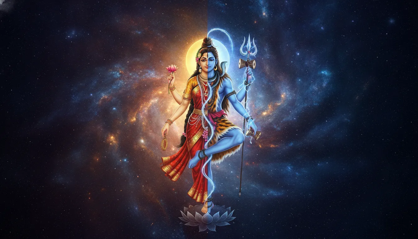 Ardhanarishvara standing form in a meditative stance surrounded by a celestial galaxy background.
