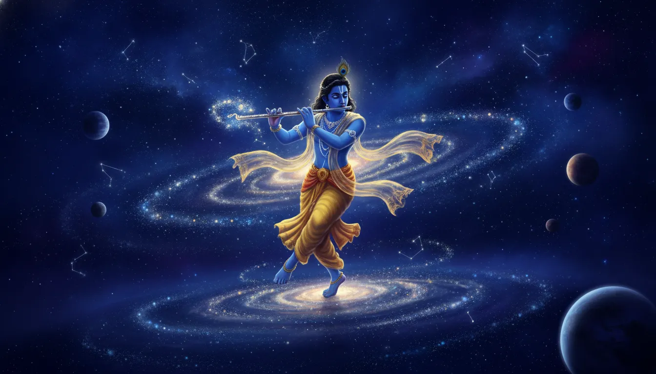 Lord Krishna performing a cosmic dance while playing a flute surrounded by stars and galaxies.