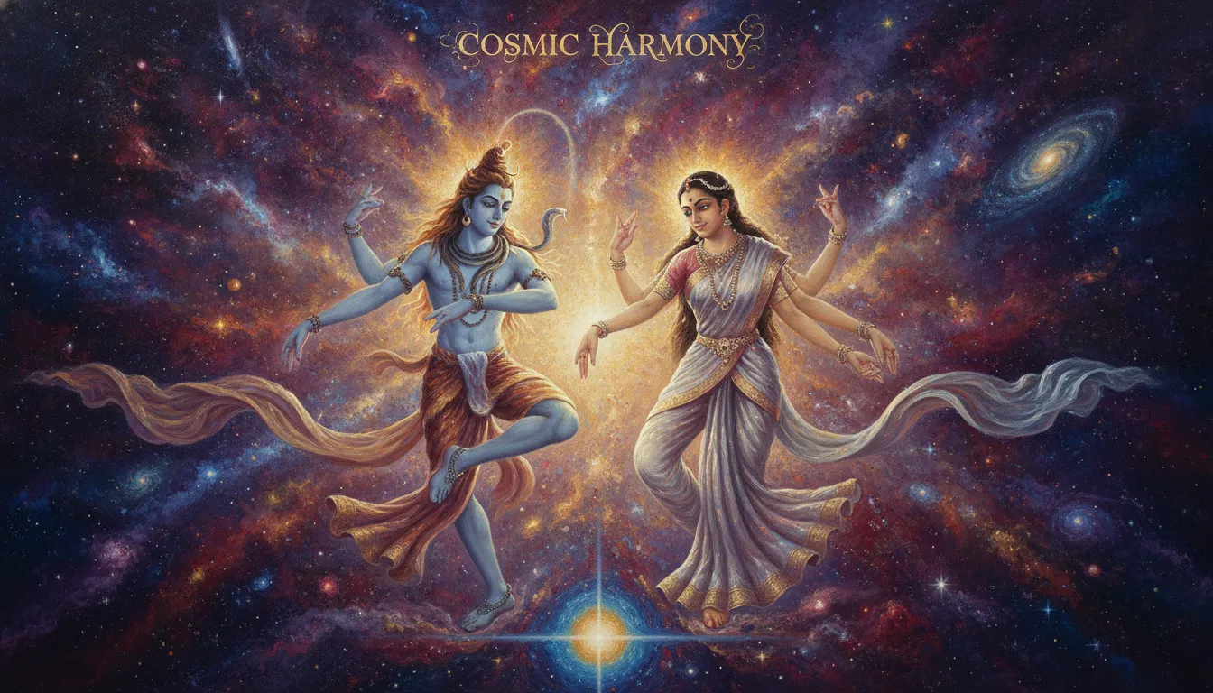 Dynamic abstract art of Shiva and Parvati performing a graceful divine dance with cosmic background