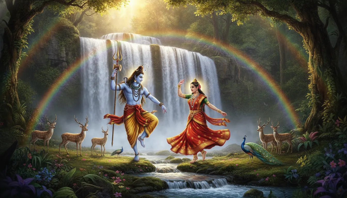Shiva and Parvati performing a graceful, loving dance together near a massive tropical waterfall.