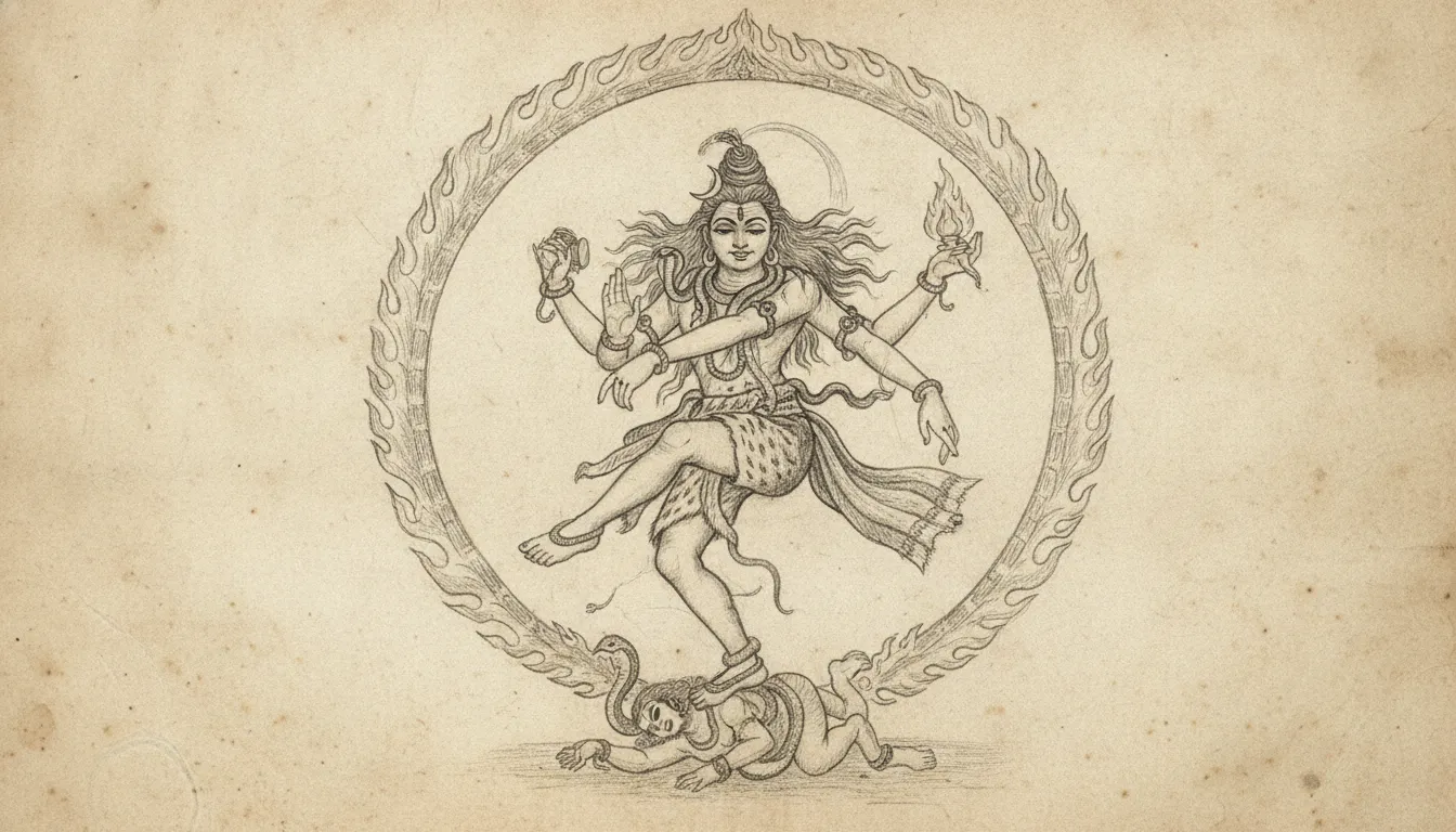 An antique pencil sketch style illustration of Lord Shiva as Nataraja performing the cosmic dance.