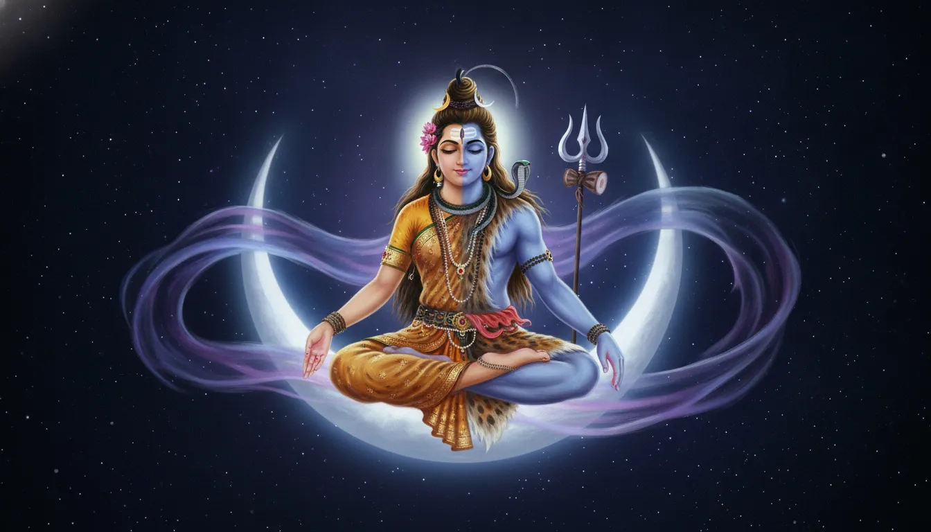 Meditative Ardhanarishvara sitting on a crescent moon in deep space