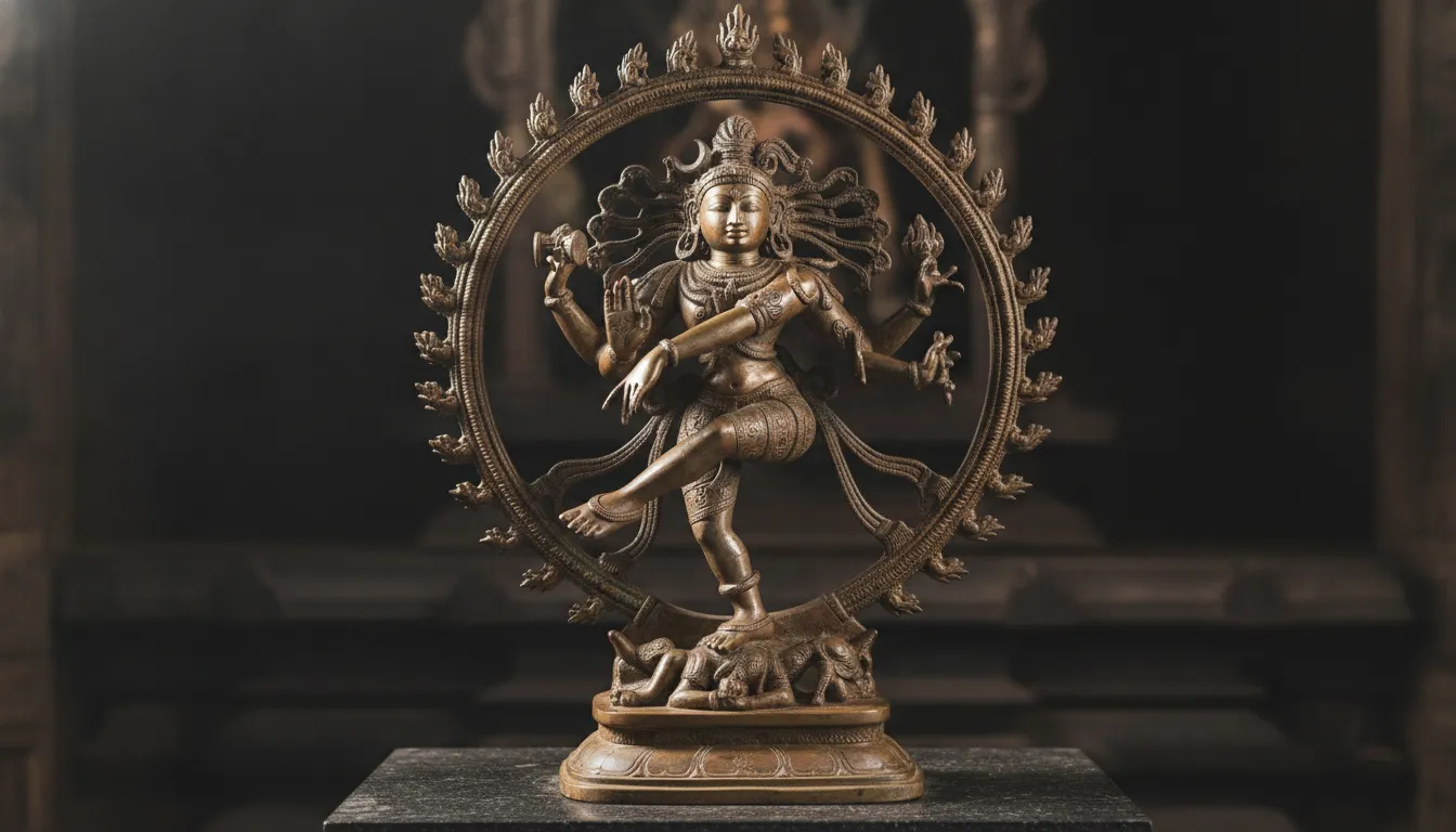 Shiva Nataraja bronze statue dancing within a flaming halo.