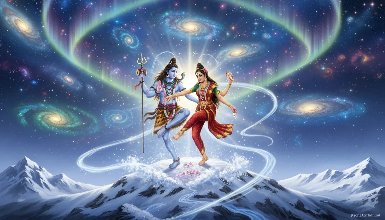 shiva parvati divine dance ananda tandava on snow mountains kailash