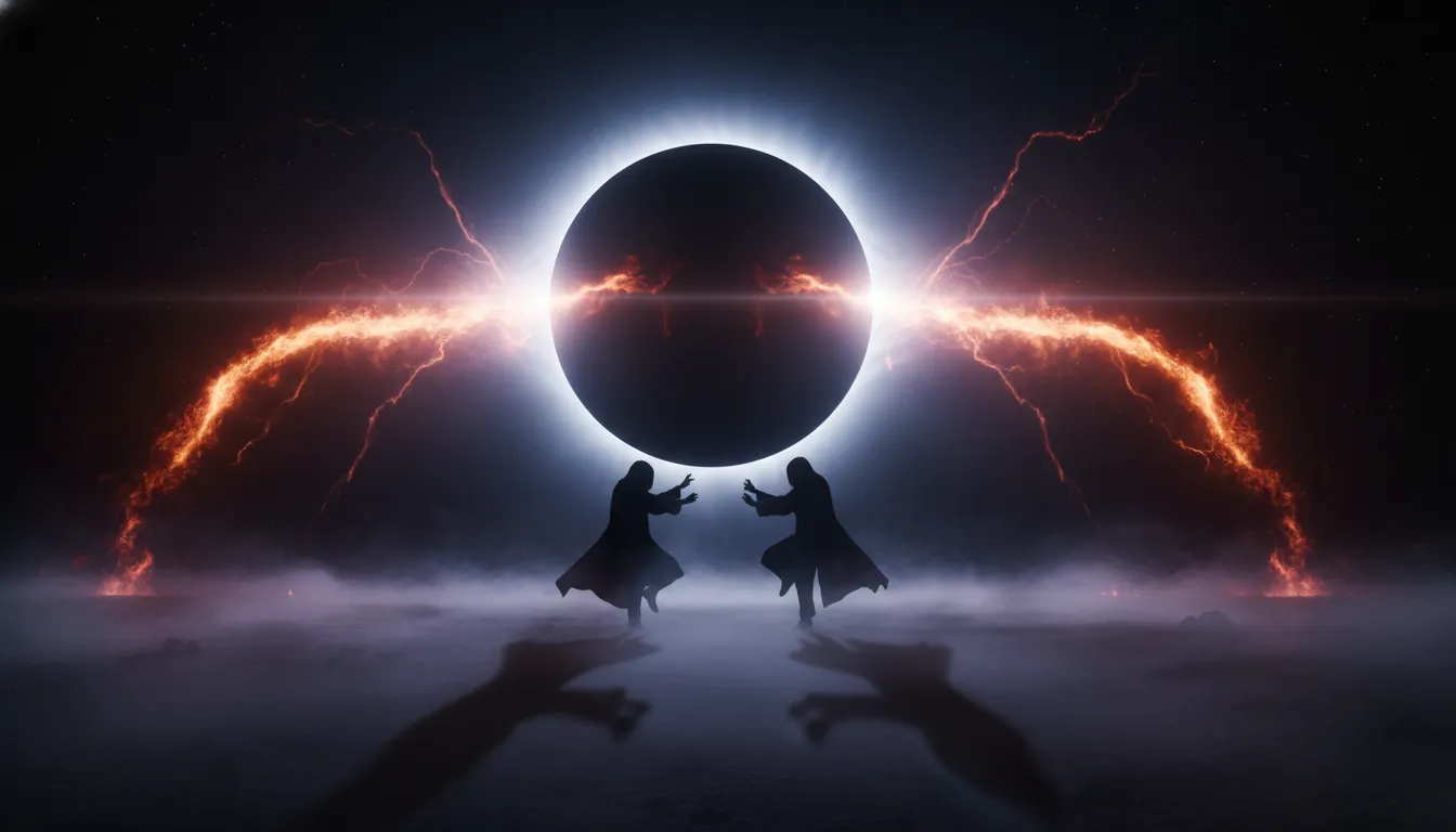 Silhouetted figures dancing in front of a giant solar eclipse with fiery corona.