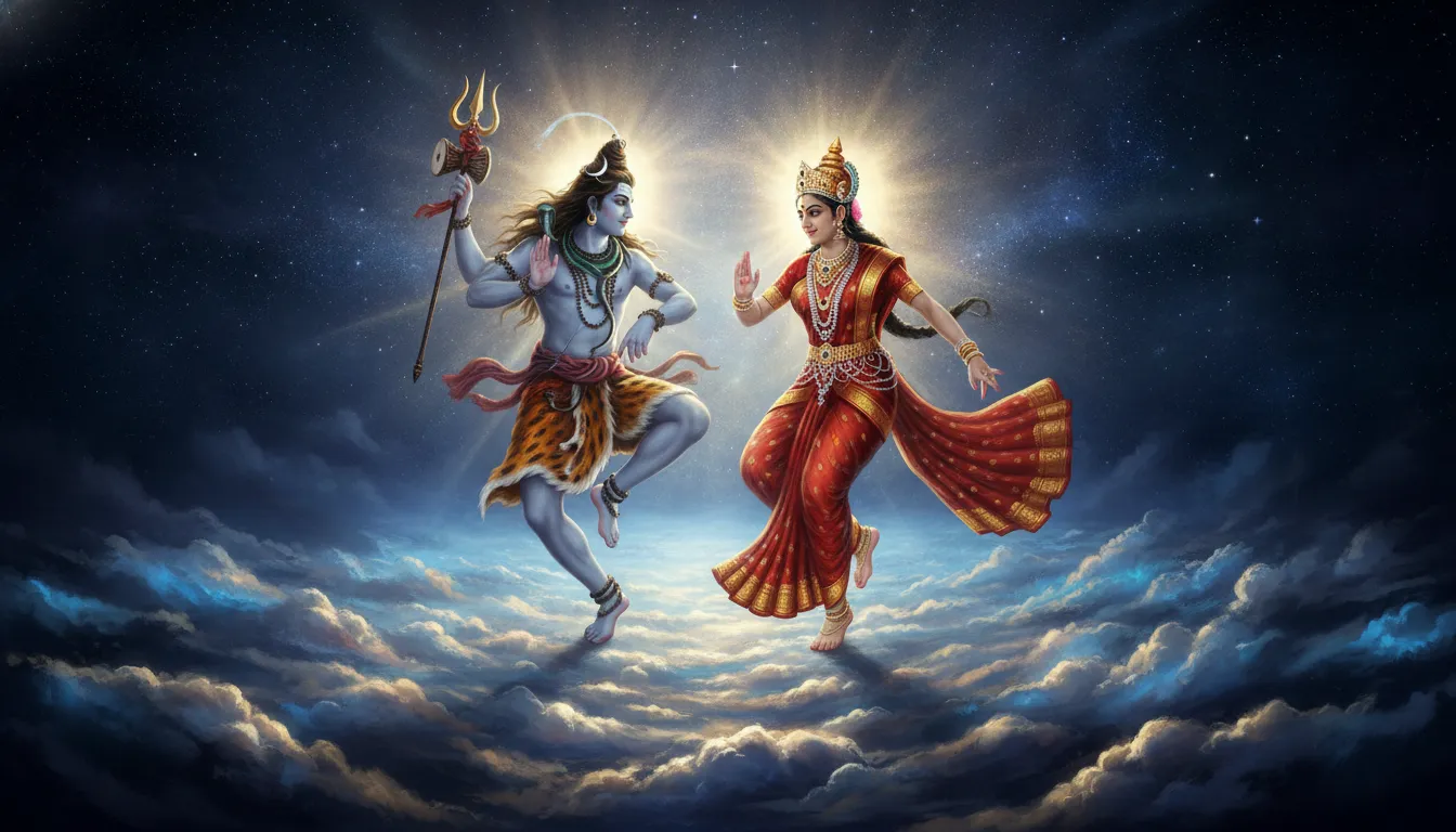 Shiva and Parvati dancing with glowing aura inside bright starlit clouds