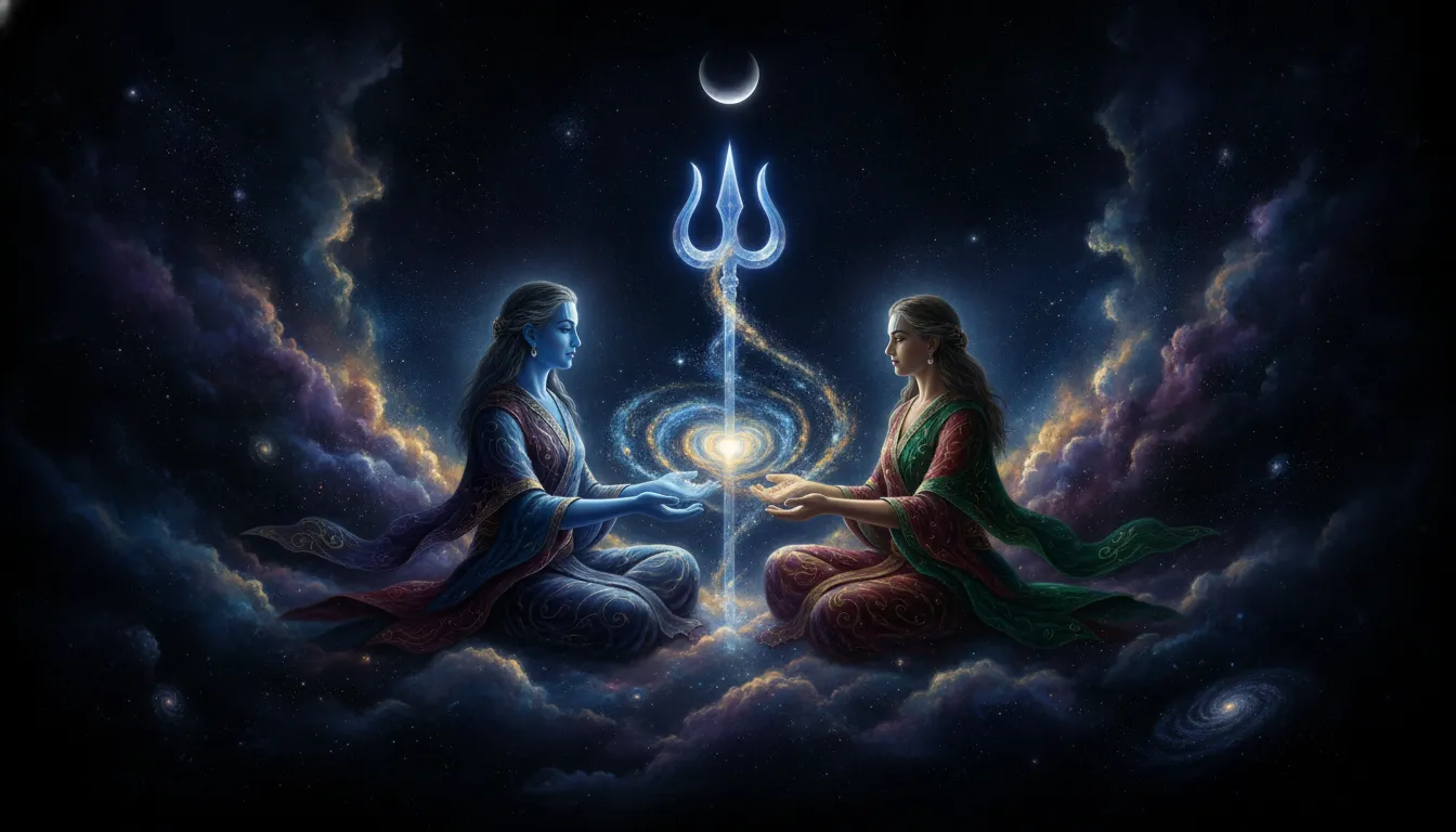 Two divine entities meditating together as bright cosmic energy flows between them in a dark nebula.