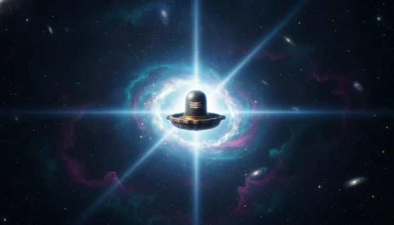 An artistic representation of a shivling surrounded by a glowing cosmic aura and light beams.