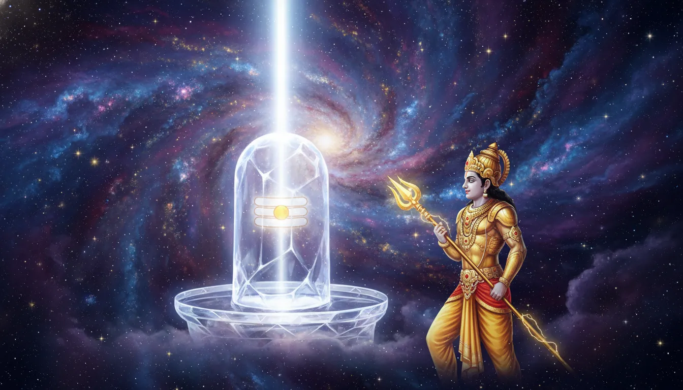 Full HD images of shivling with kartikaye surrounded by glowing cosmic energy stars and spiritual aura.