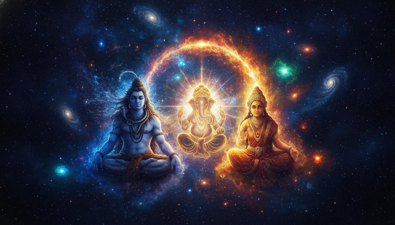 Abstract cosmic artwork of Shiva Parvati family with stars and galaxies
