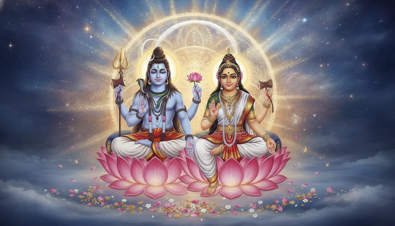 Shiva and Parvati emitting divine light while sitting on multi-layered pink lotus thrones