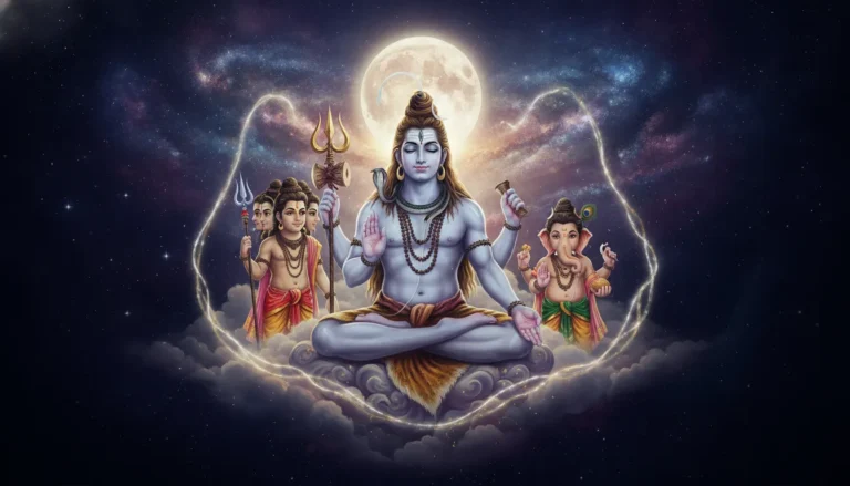 Spiritual portrait of Lord Shiva with his children against a starry nebula background.