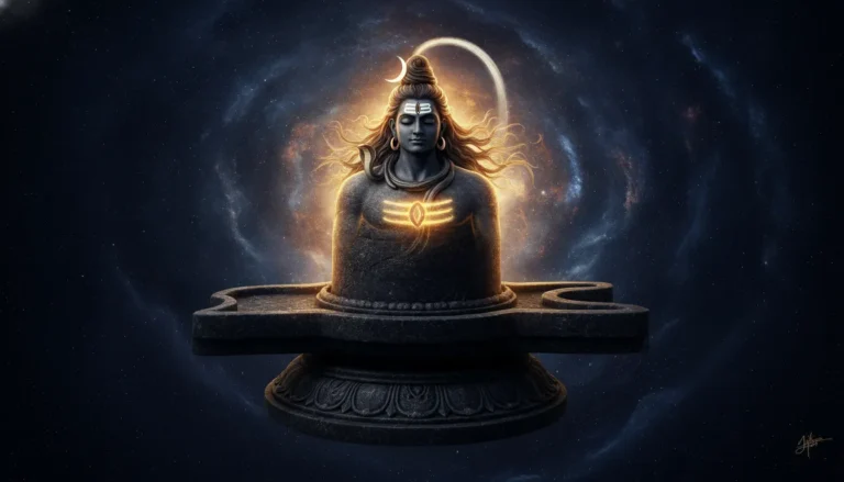 A divine digital art image of lord shiva in shivling depicting the cosmic Tandava dance with a glowing third eye.