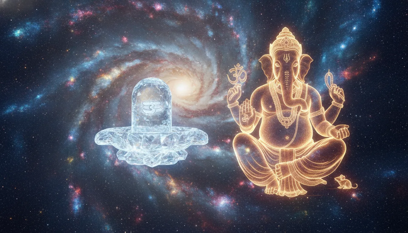 Lord Ganesh and Shivling surrounded by a glowing galaxy and cosmic stars.