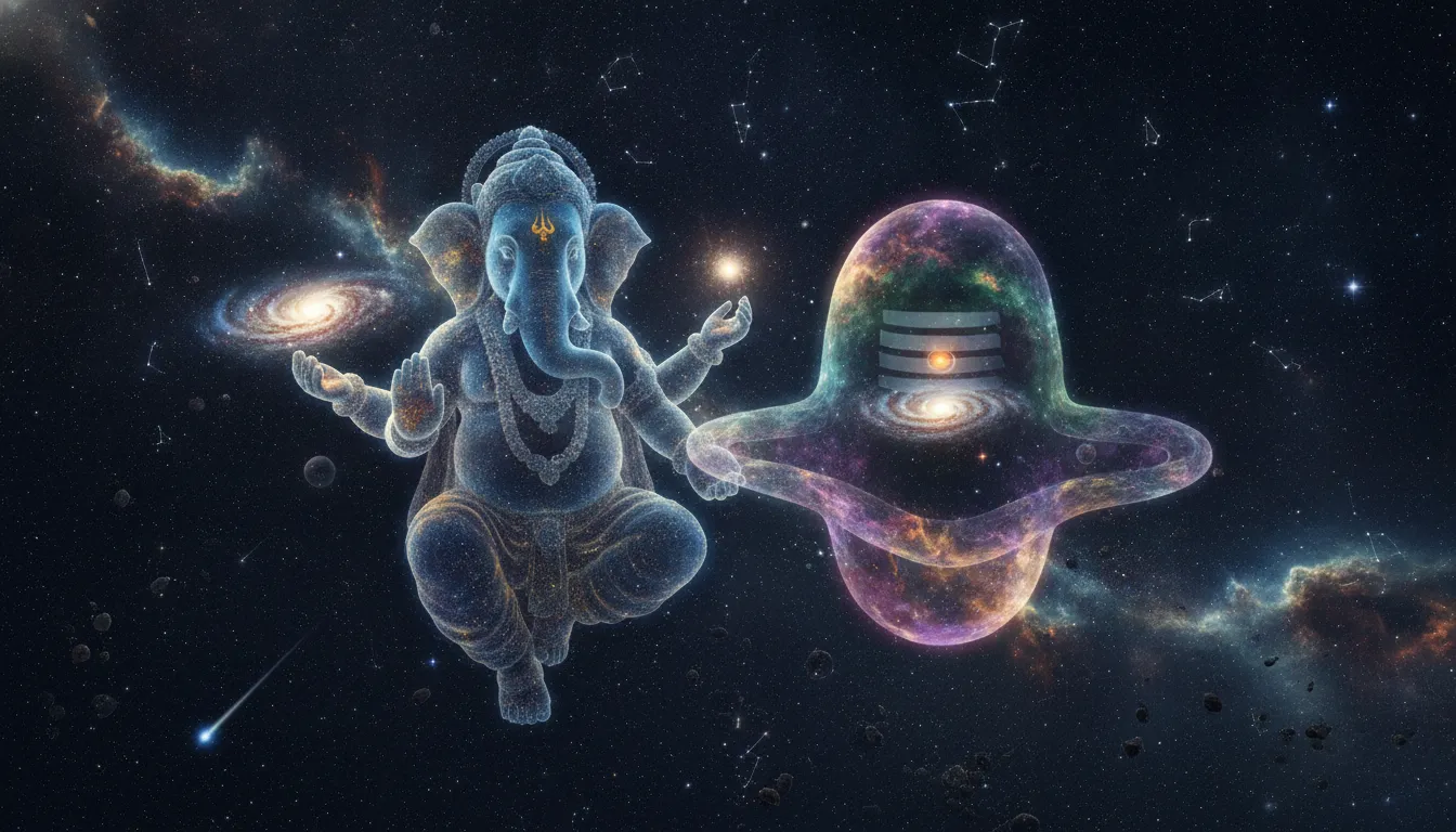 Translucent celestial forms of Lord Ganesha and a giant Shivling floating amidst colorful space nebulas and stars