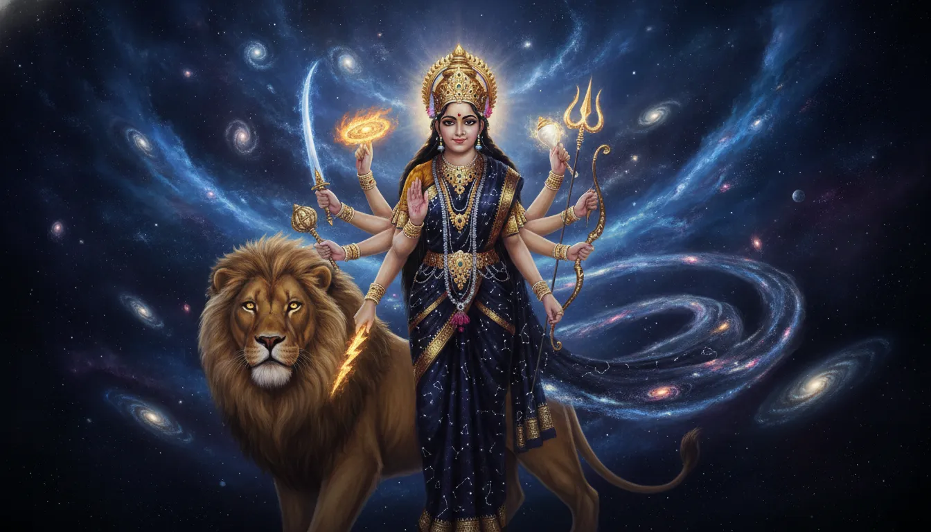 A cosmic digital painting of Goddess Durga as the mother of the universe, surrounded by stars and