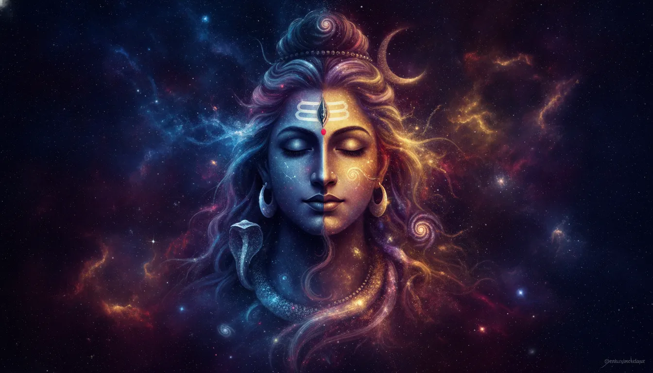 Abstract cosmic painting of Shiva and Parvati faces blending into space nebulae