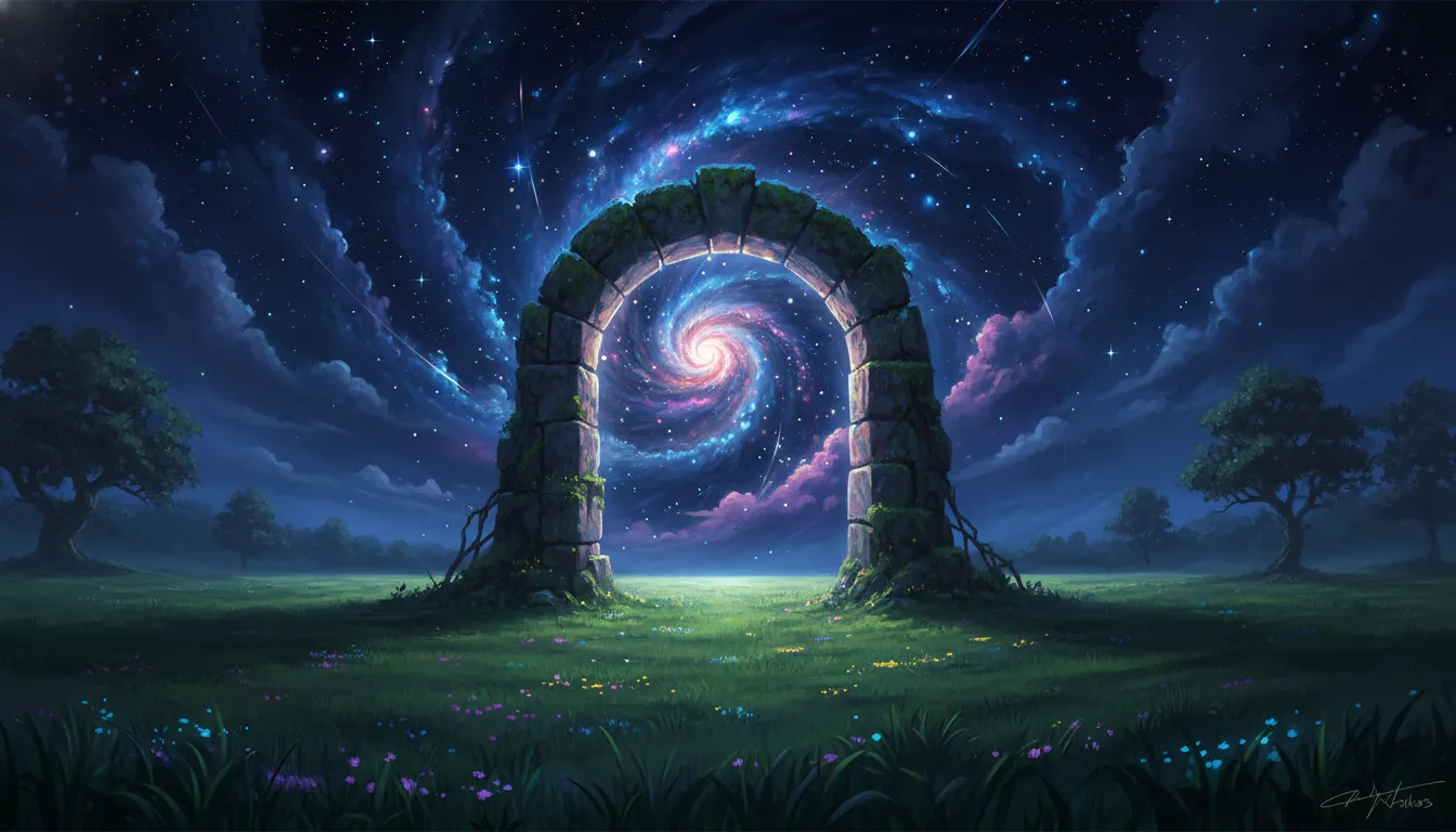 An ancient stone archway on a field opening a portal into a deep starry celestial vision