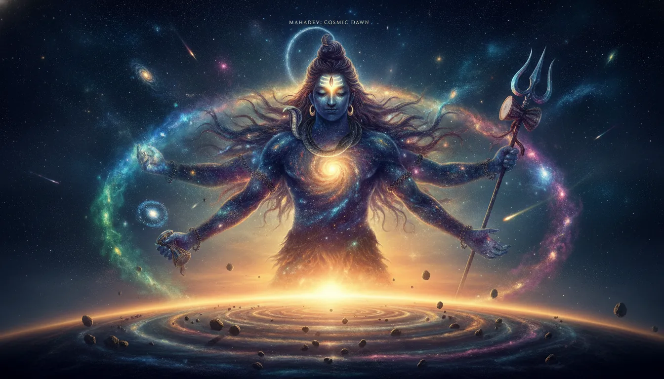 Lord Shiva as the cosmic ruler with stars and morning galaxy