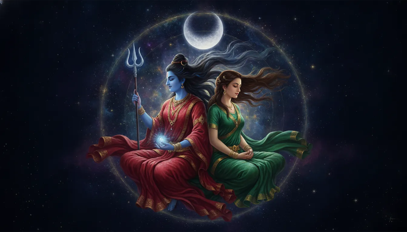 A blue divine figure and a woman meditating under the protection of a sacred trident in a dark sky.