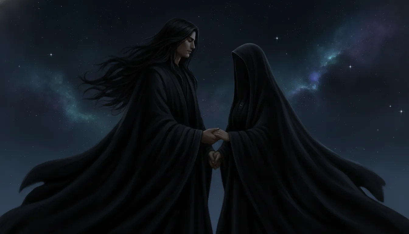 Spiritual illustration of a divine couple in serene black attire against a starry night background.